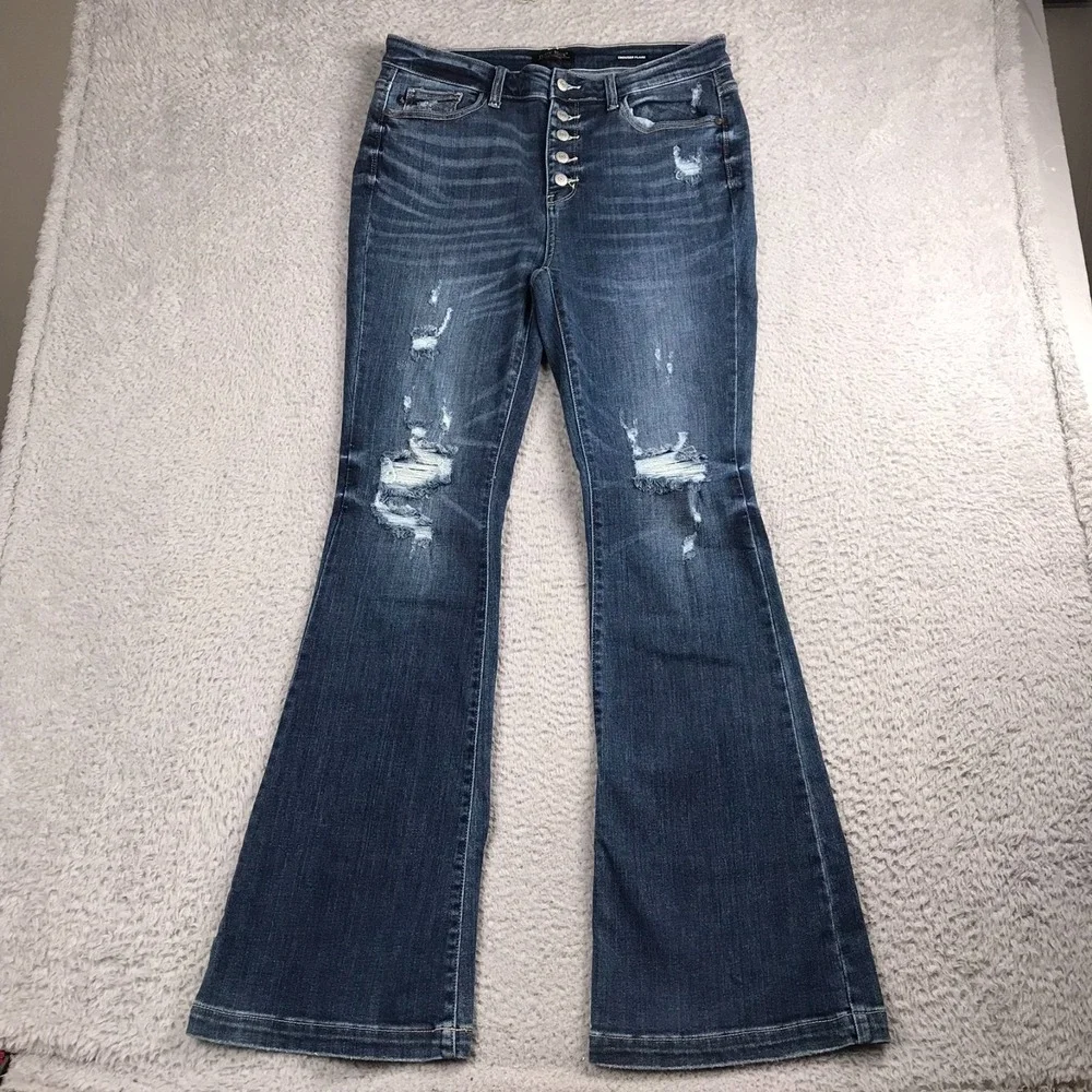 Judy Blue Trouser Flare Jeans Womens 15/32 (35x33)‎ Distressed Button Fly Denim